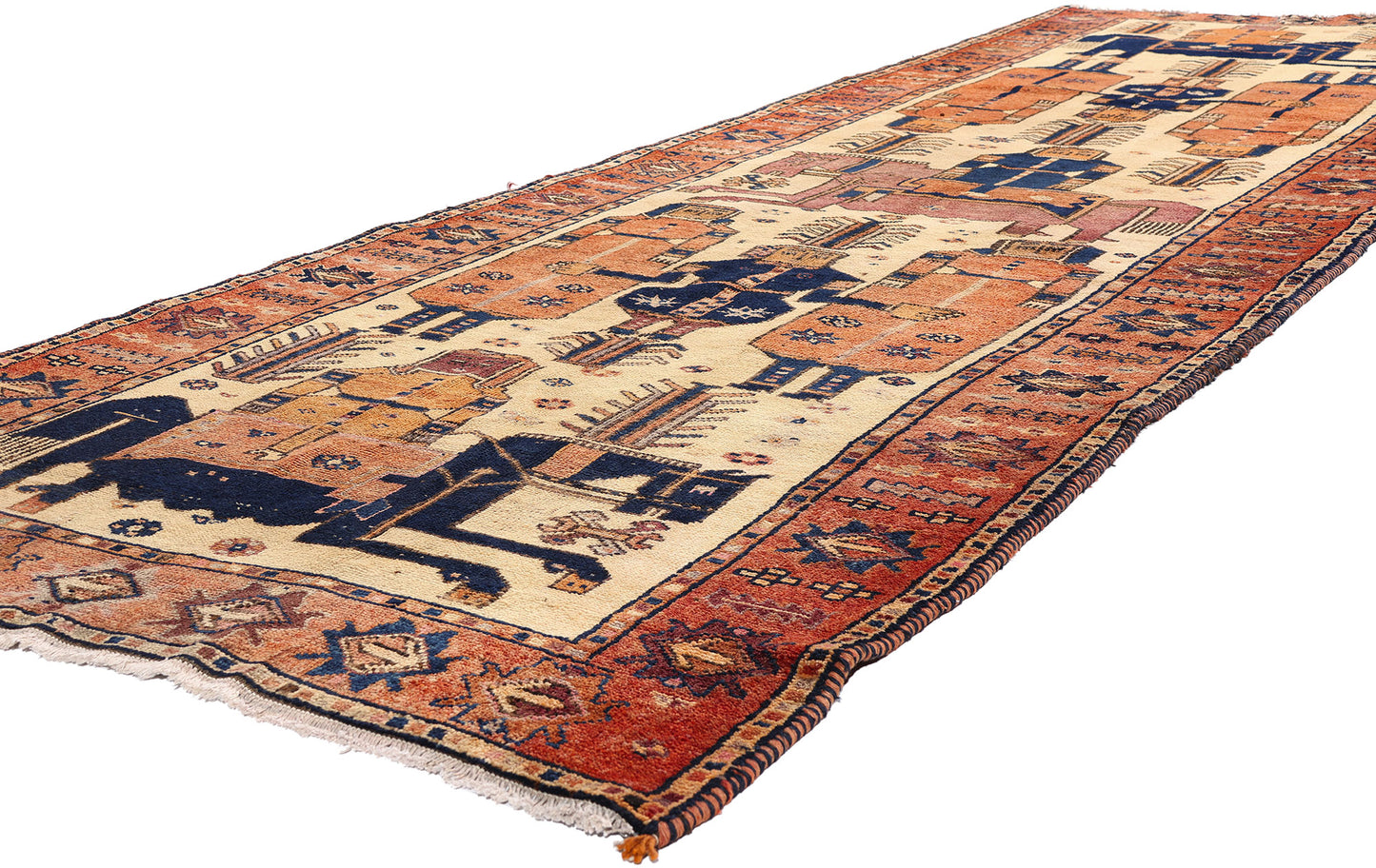 5 x 13 Beige Antique Persian Shiraz Pictorial Rug 61539