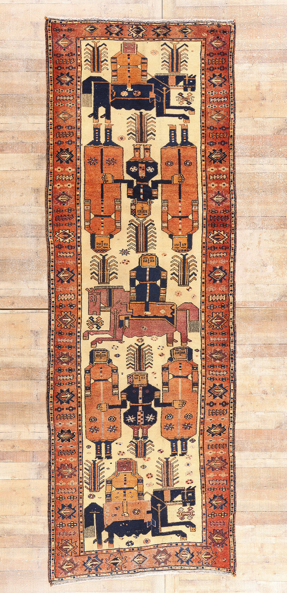 5 x 13 Beige Antique Persian Shiraz Pictorial Rug 61539