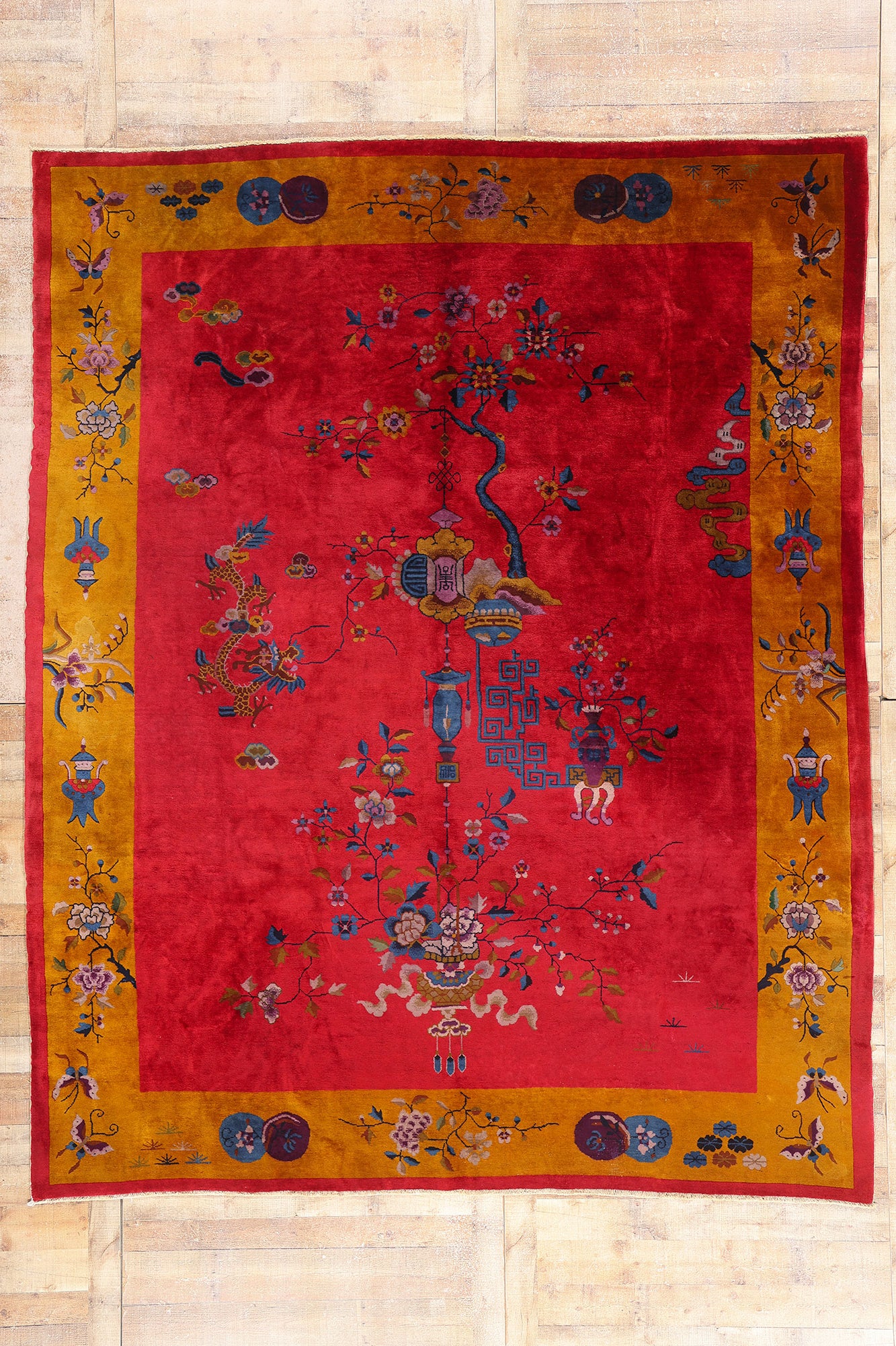 9 x 11 Antique Red Chinese Art Deco Rug 79219