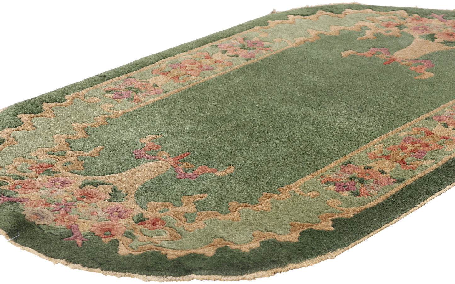 3 x 4 Antique Green Chinese Art Deco Oval Rug 78991