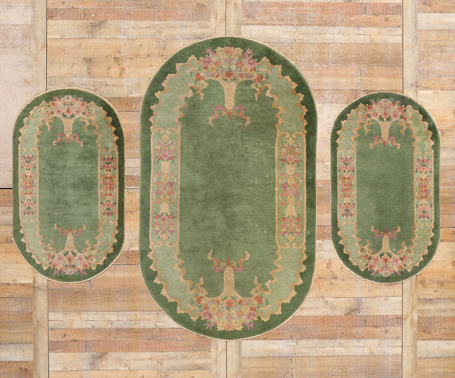 3 x 4 Antique Green Chinese Art Deco Oval Rug 78991