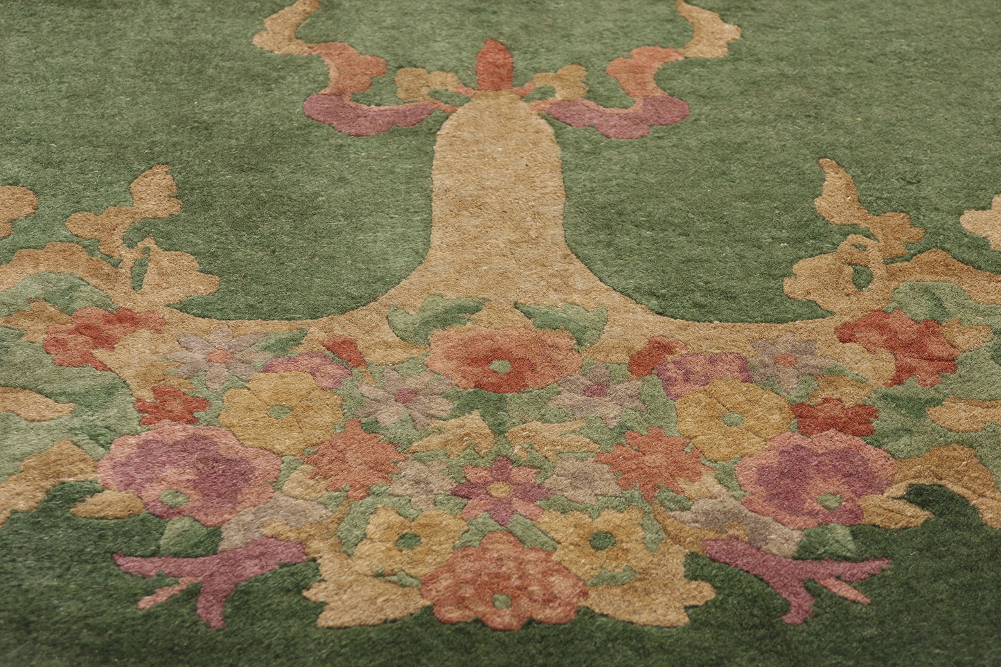 4 x 7 Antique Green Chinese Art Deco Oval Rug 78992