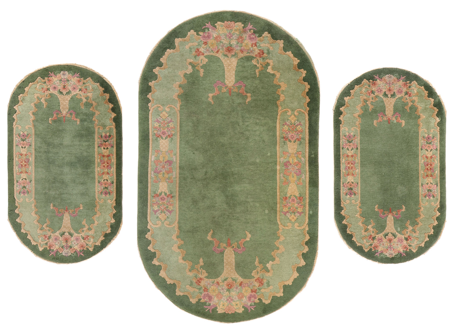 4 x 7 Antique Green Chinese Art Deco Oval Rug 78992