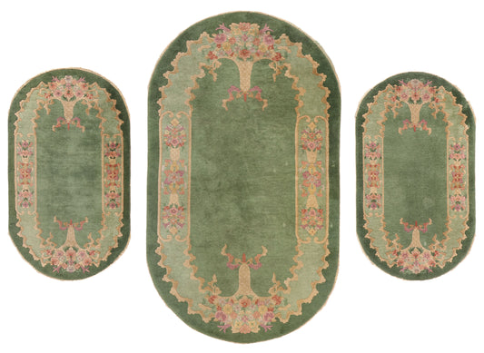 4 x 7 Antique Green Chinese Art Deco Oval Rug 78992