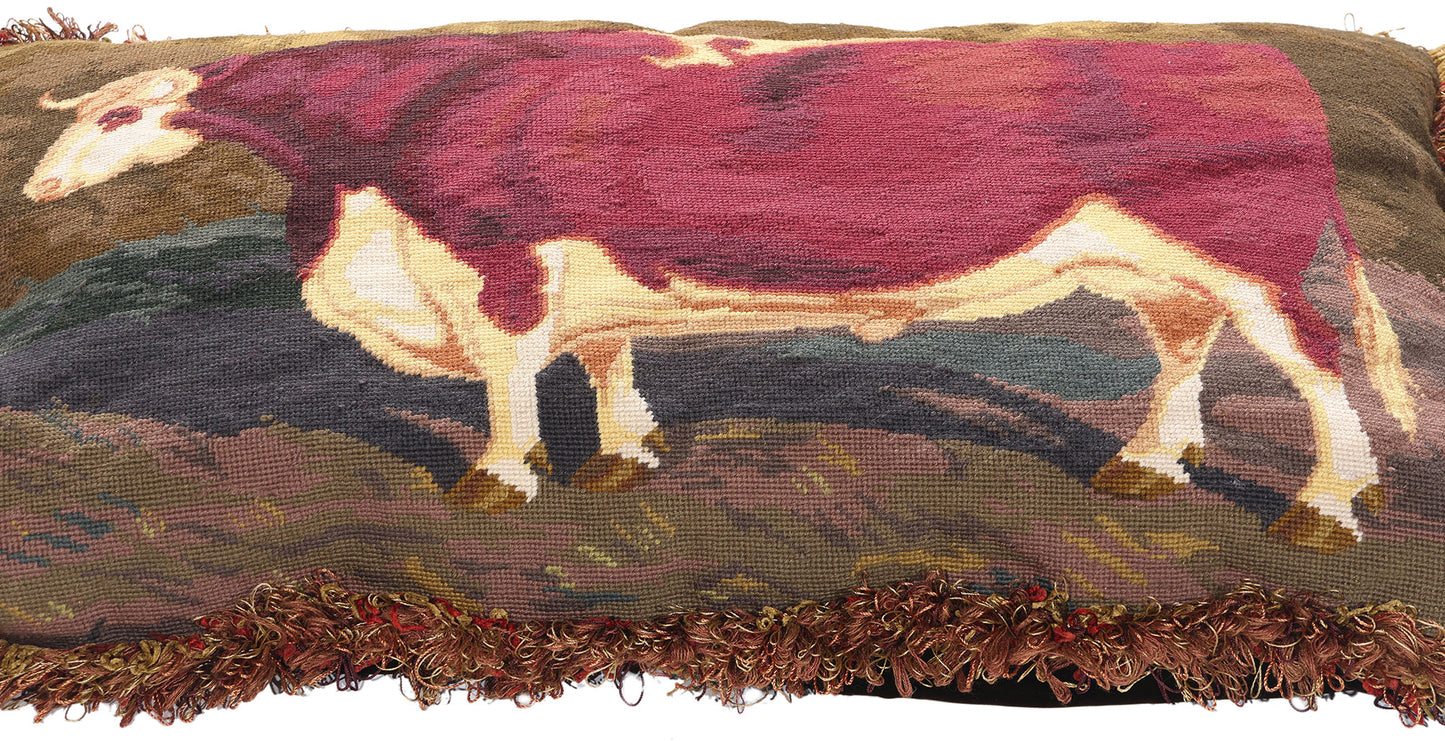 2 x 3 Antique Needlepoint Shorthorn Ox Tapestry Pillow 79144