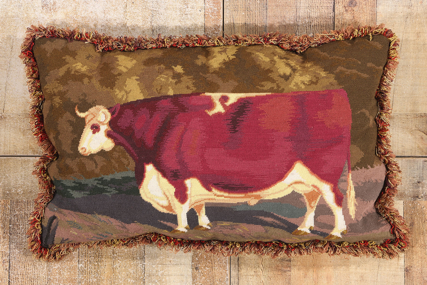 2 x 3 Antique Needlepoint Shorthorn Ox Tapestry Pillow 79144