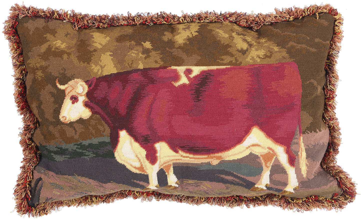 2 x 3 Antique Needlepoint Shorthorn Ox Tapestry Pillow 79144