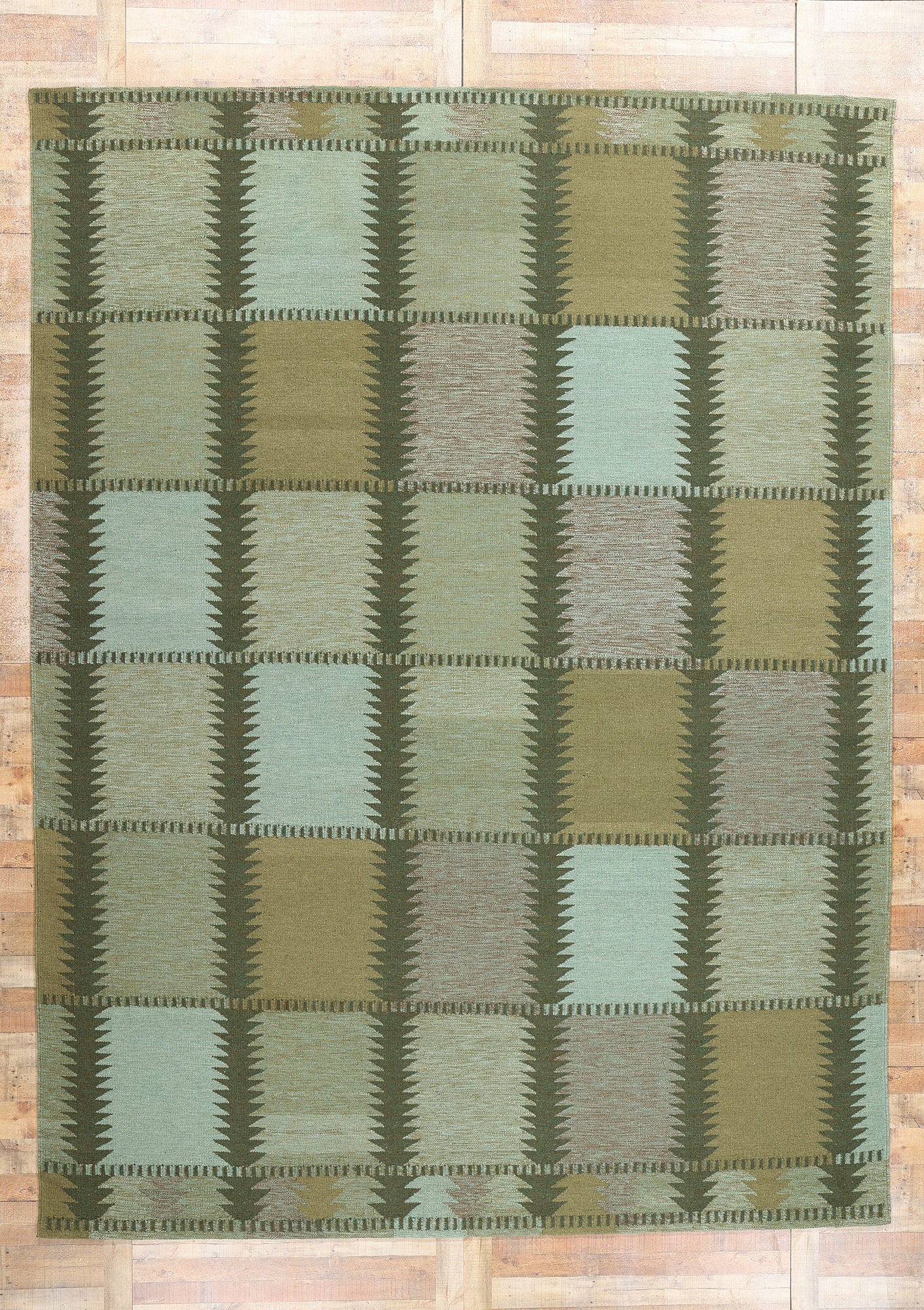 10 x 14 Scandinavian Modern Green Swedish Inspired Kilim Rug 31117