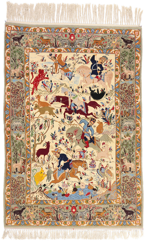 4 x 5 Vintage Persian Hunting Scene Isfahan Rug 79166