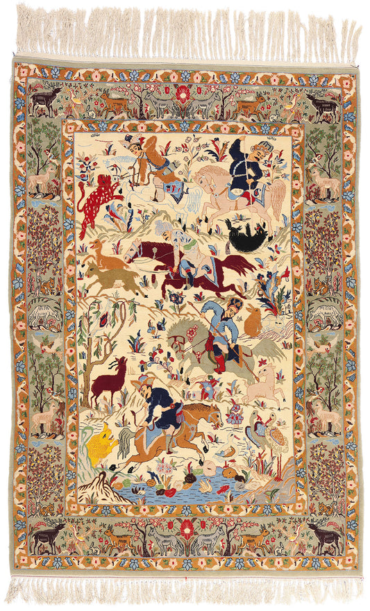 4 x 5 Vintage Persian Hunting Scene Isfahan Rug 79166