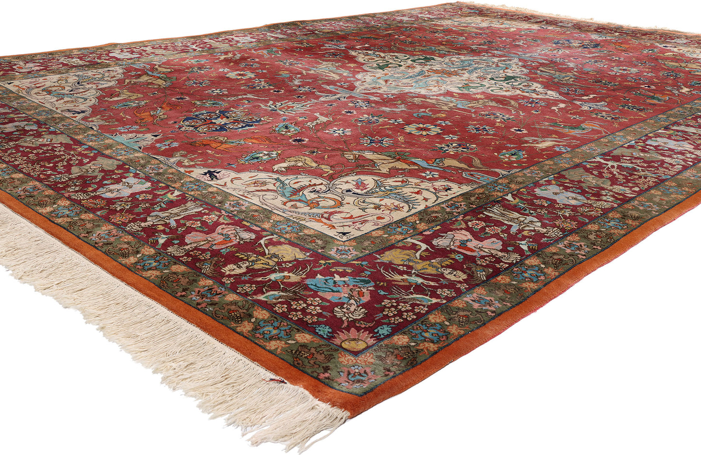 9 x 14 Red Vintage Persian Tabriz Hunting Rug 79165