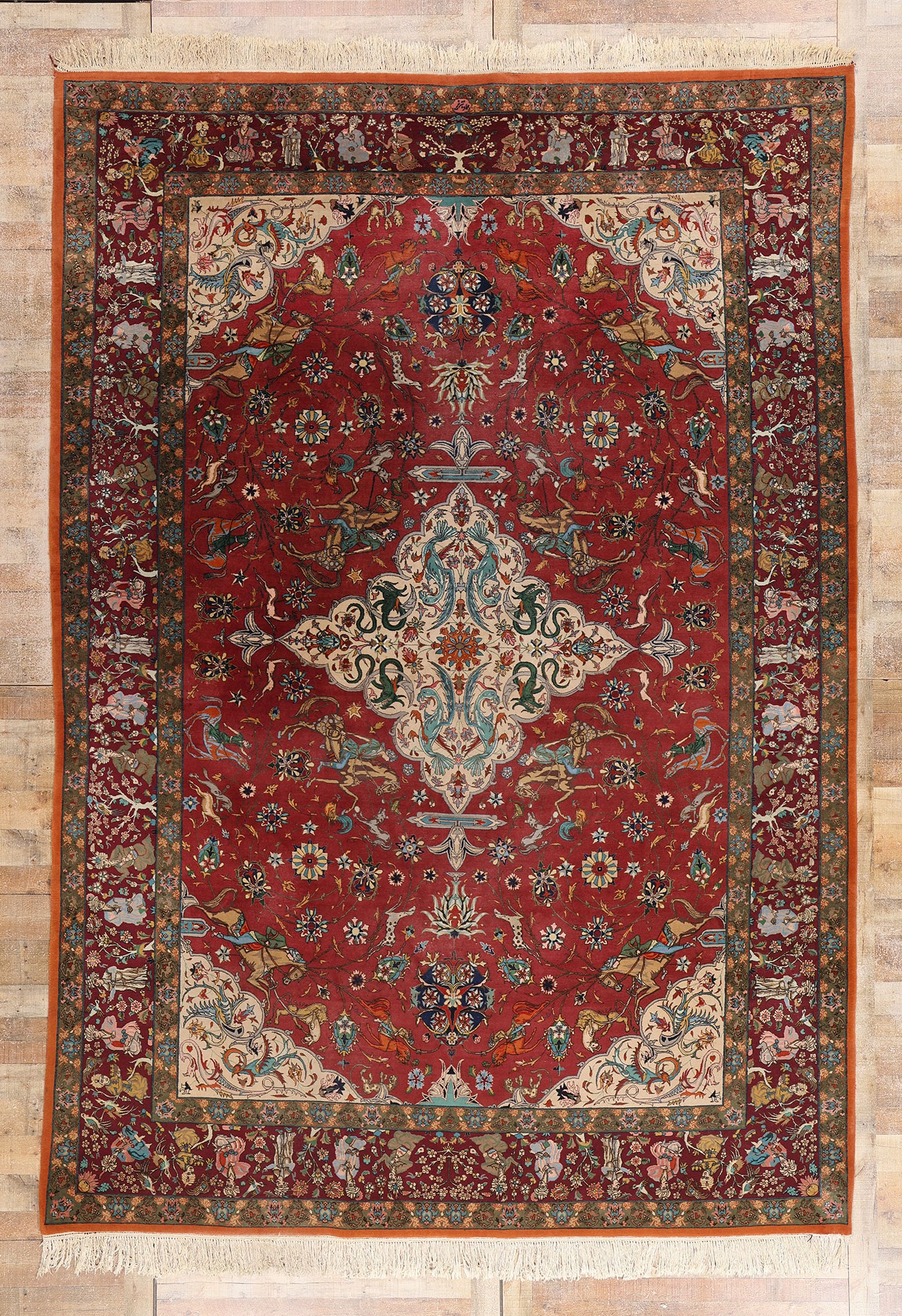 9 x 14 Red Vintage Persian Tabriz Hunting Rug 79165