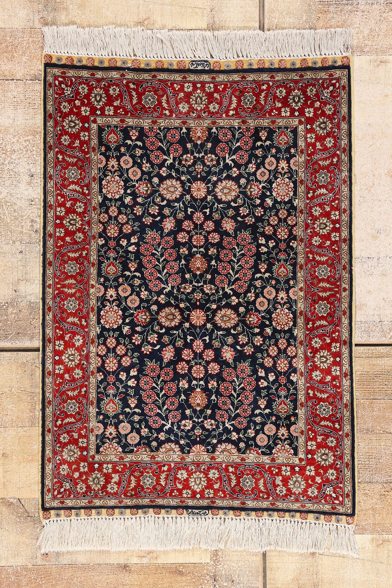 2 x 3 Navy Blue Vintage Turkish Silk Hereke Rug 79293