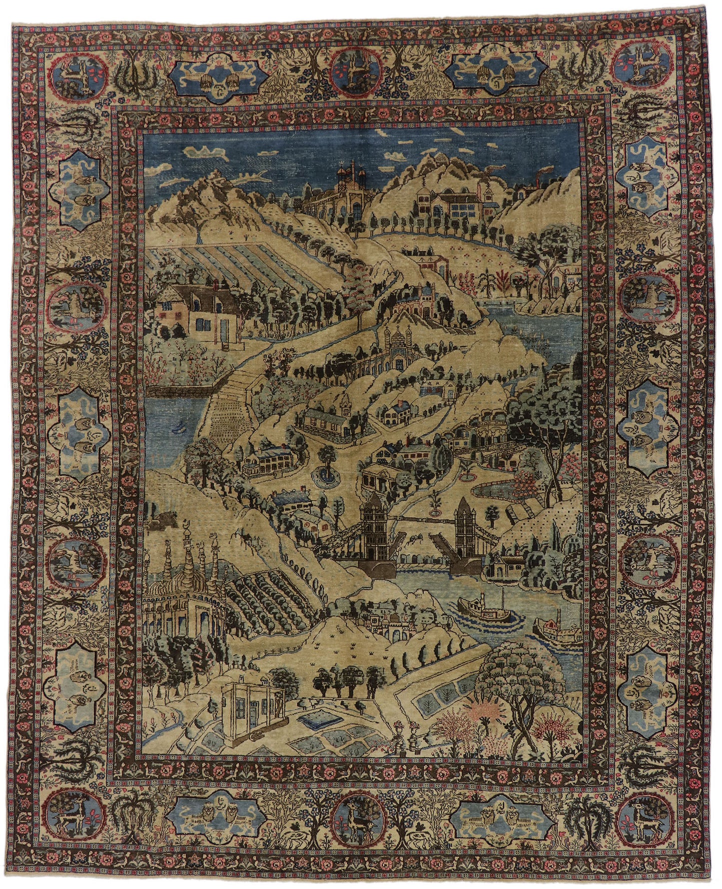 9 x 12 Antique Persian Tabriz Pictorial Rug 53653
