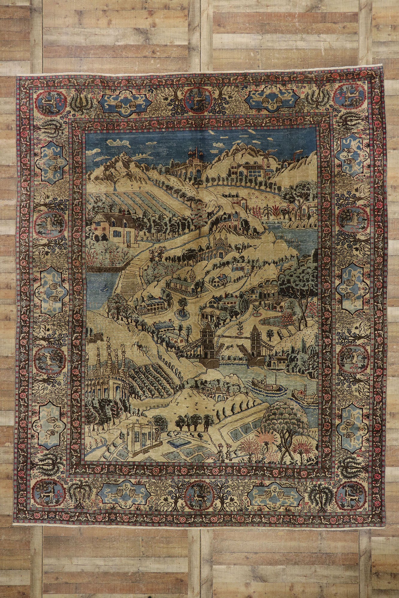 9 x 12 Antique Persian Tabriz Pictorial Rug 53653