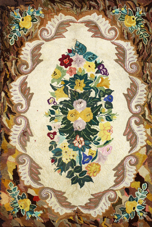 5 x 7 Antique American Floral Hooked Rug 74343