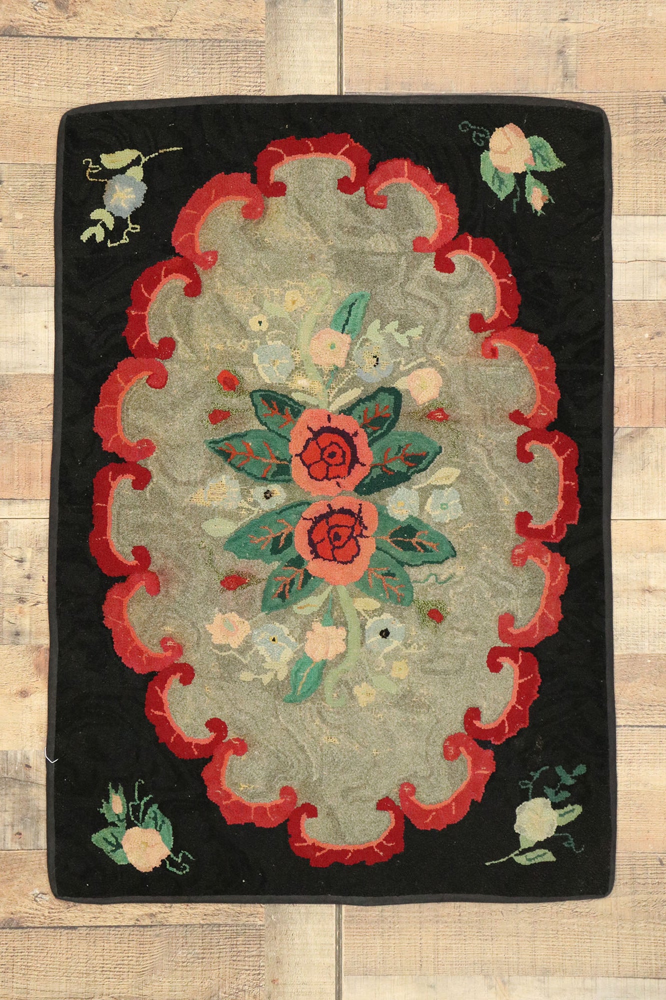 2 x 3 Antique American Floral Hooked Rug 74357
