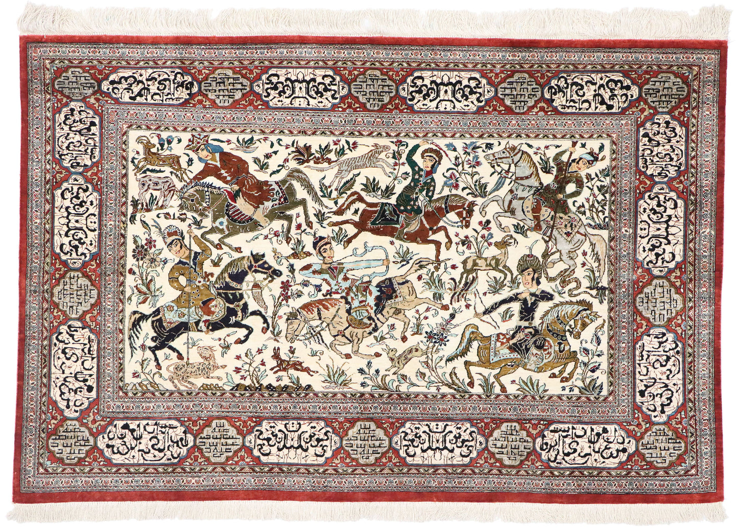 3 x 5 Vintage Persian Silk Qum Hunting Rug 77865