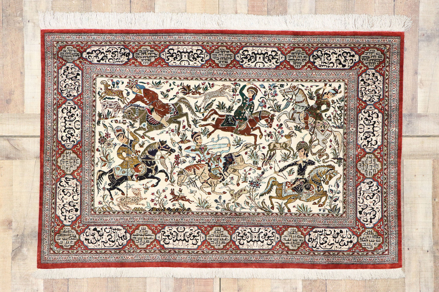 3 x 5 Vintage Persian Silk Qum Hunting Rug 77865