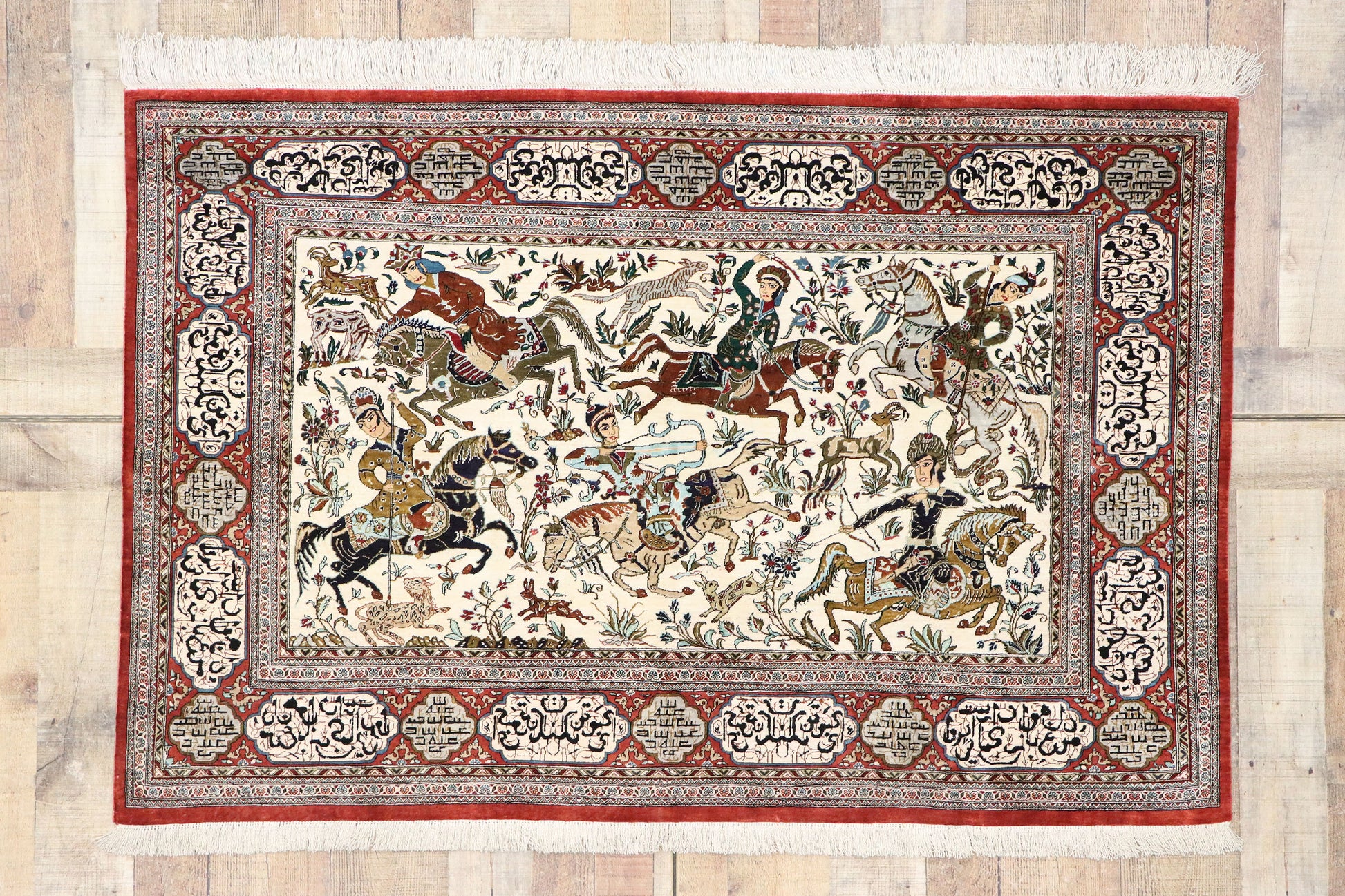 3 x 5 Vintage Persian Silk Qum Hunting Rug 77865