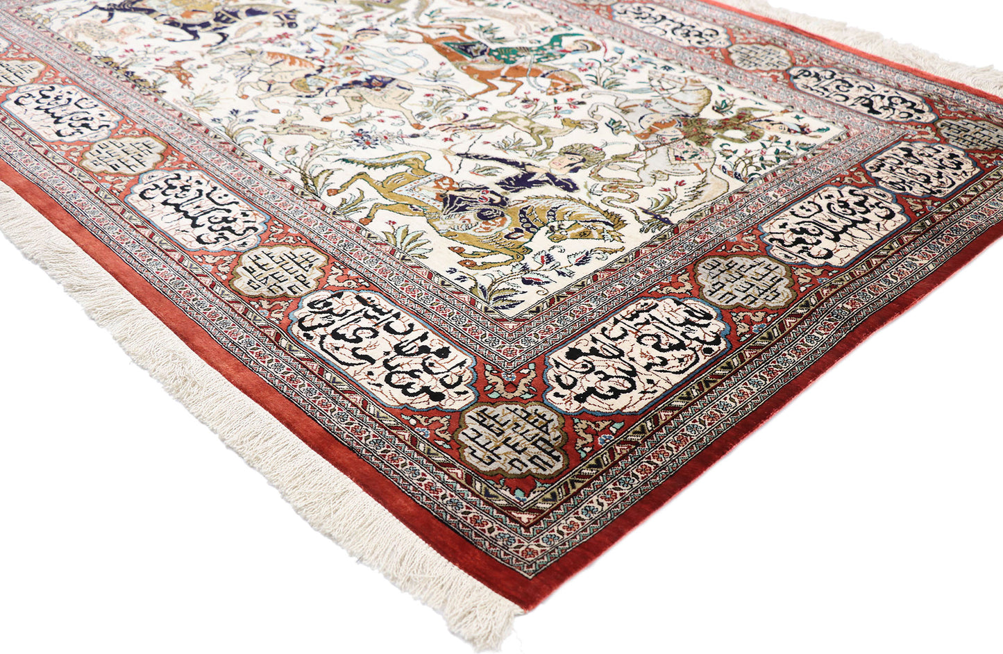 3 x 5 Vintage Persian Silk Qum Hunting Rug 77865