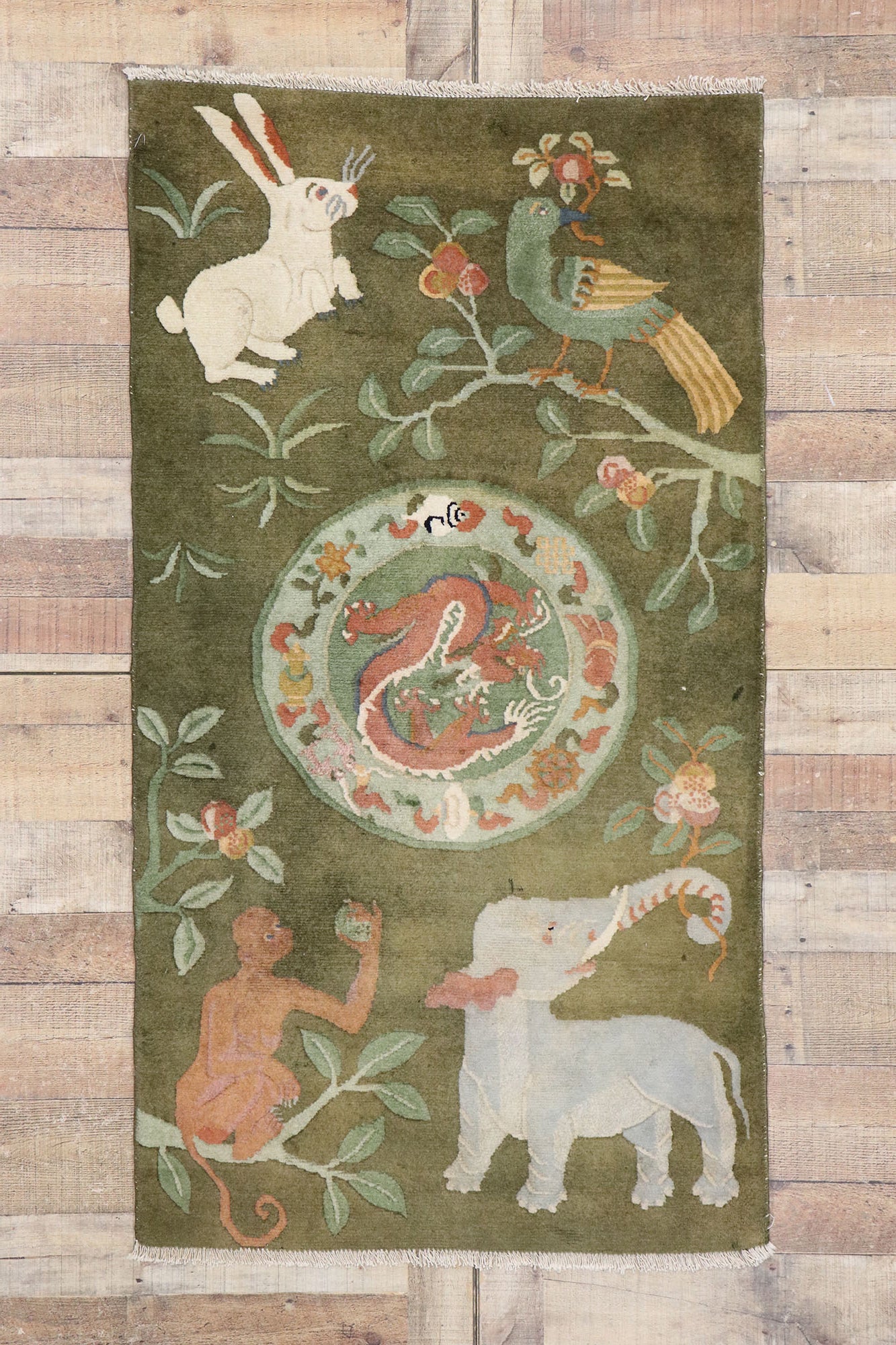 3 x 5 Vintage Green Elephant Tibetan Rug 78076