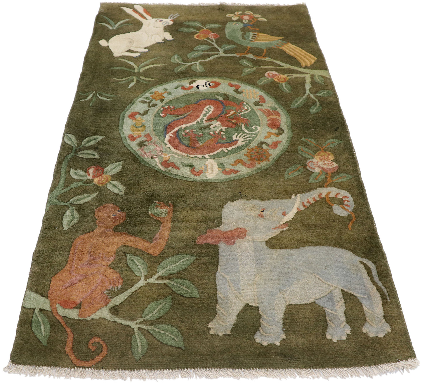 3 x 5 Vintage Green Elephant Tibetan Rug 78076
