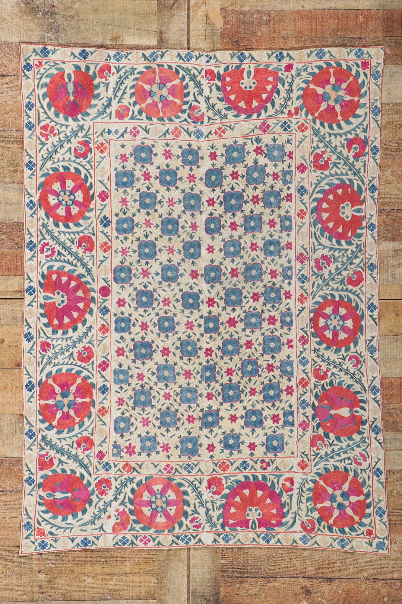 4 x 5 Antique Uzbek Suzani Tapestry 78197