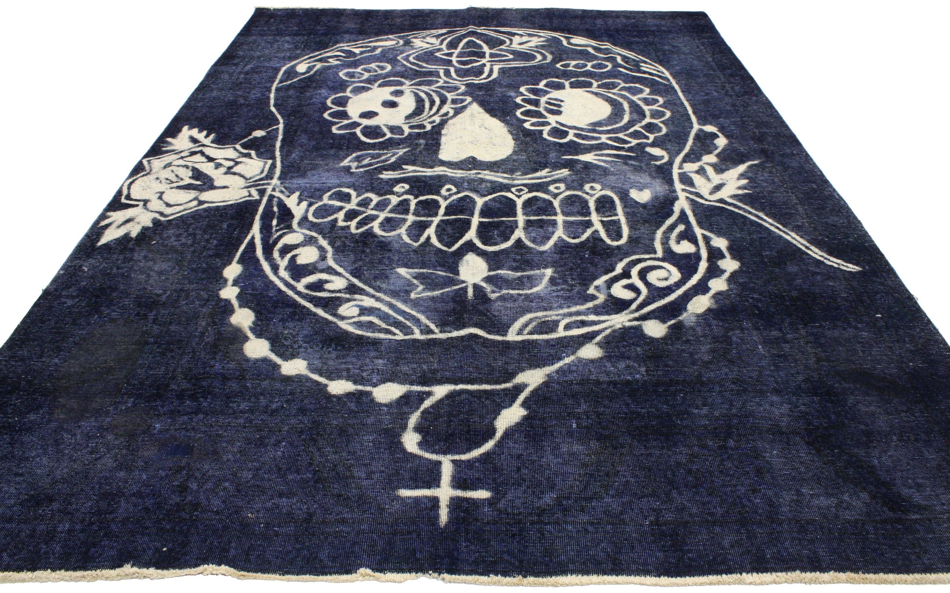 8 x 11 Distressed Vintage Blue Overdyed Skull Rug 80273