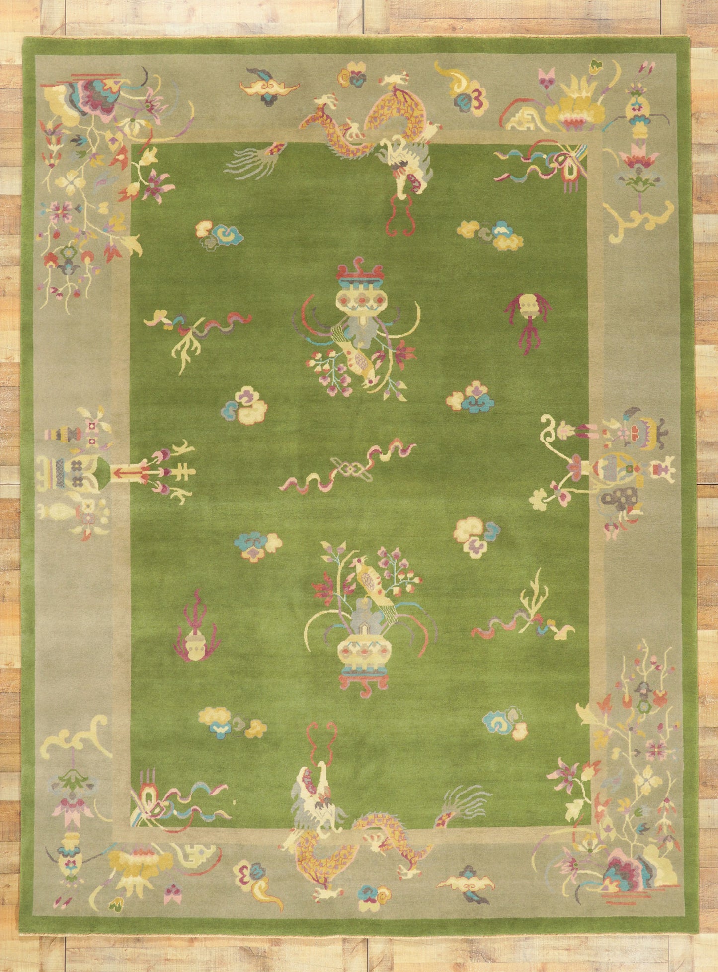9 x 12 Modern Green Chinese Art Deco Rug 30921