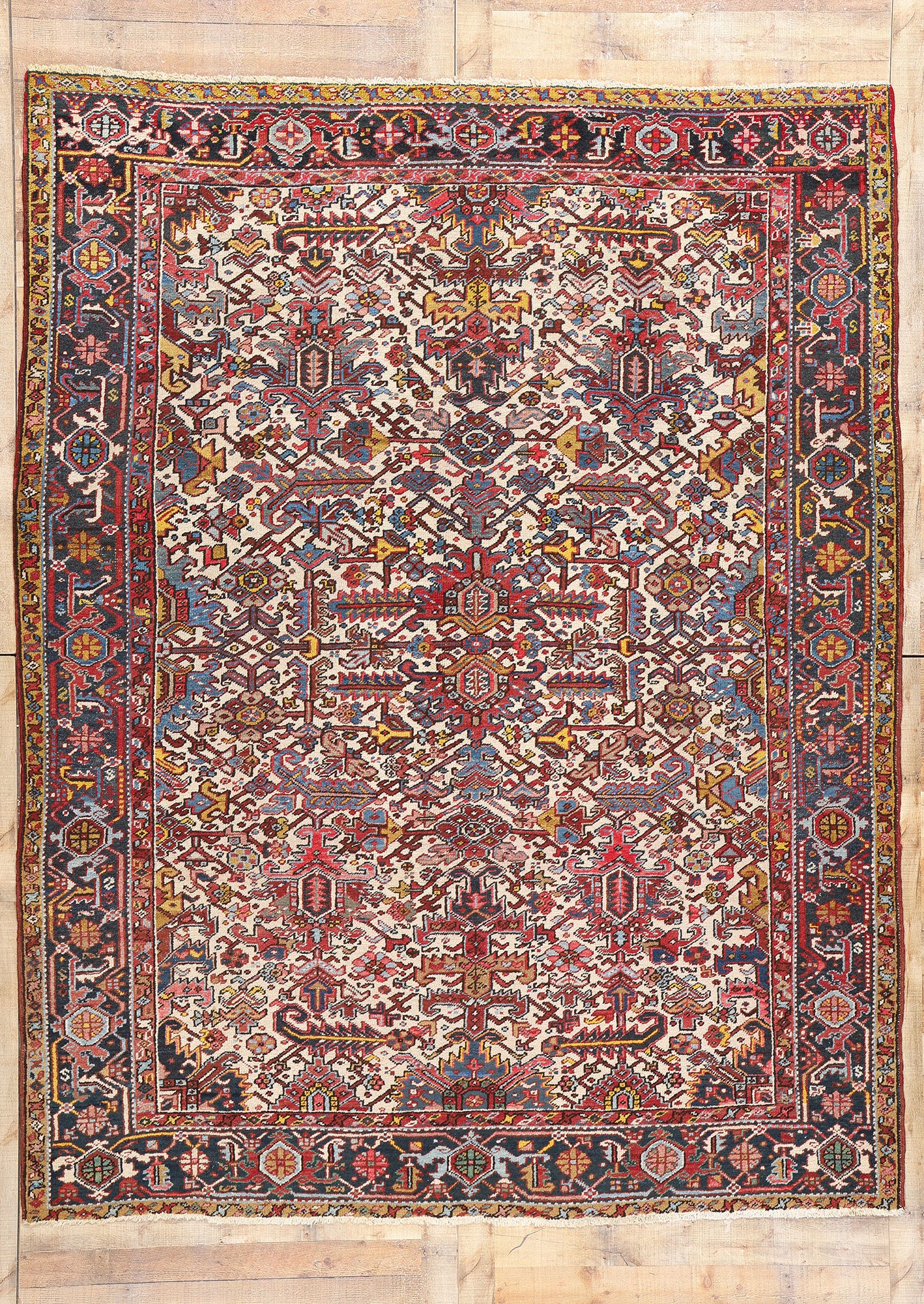 8 x 10 Antique Ivory Persian Dragon Heriz Rug 90004