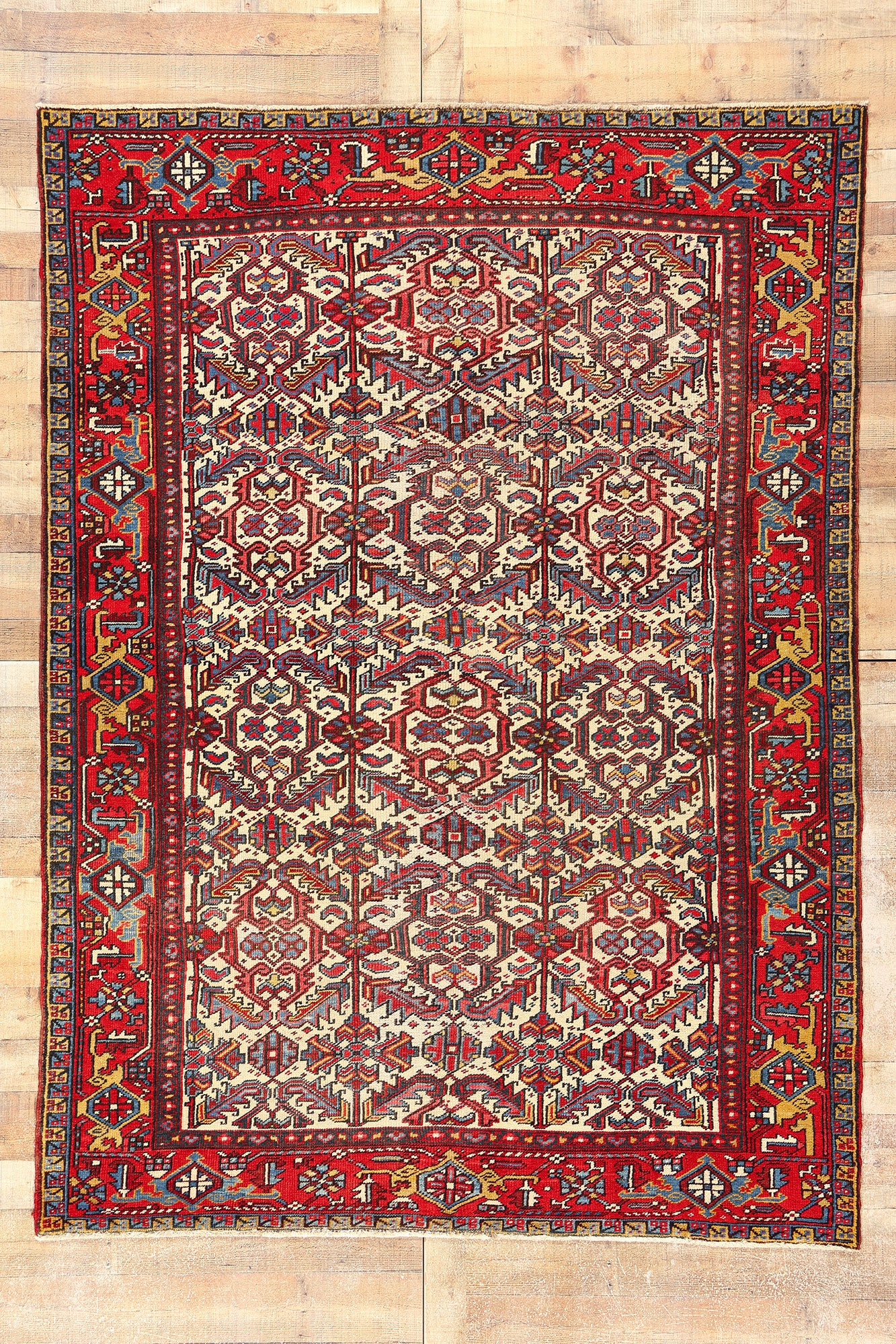 7 x 9 Antique Ivory Persian Dragon Serapi Heriz Rug 78768