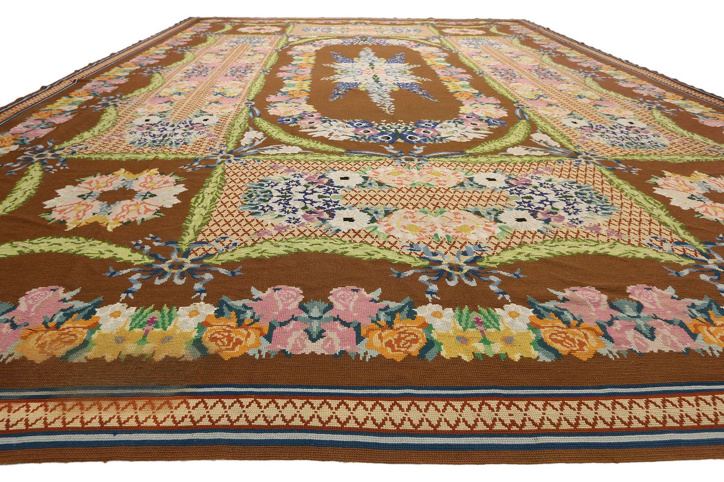 16 x 21 Antique Portuguese Needlepoint Arraiolos Rug 77321