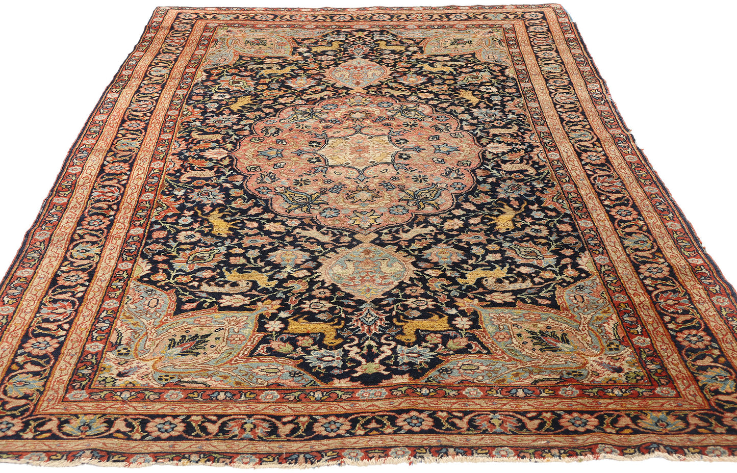 4 x 7 Antique Black Persian Tabriz Hunting Rug 78772