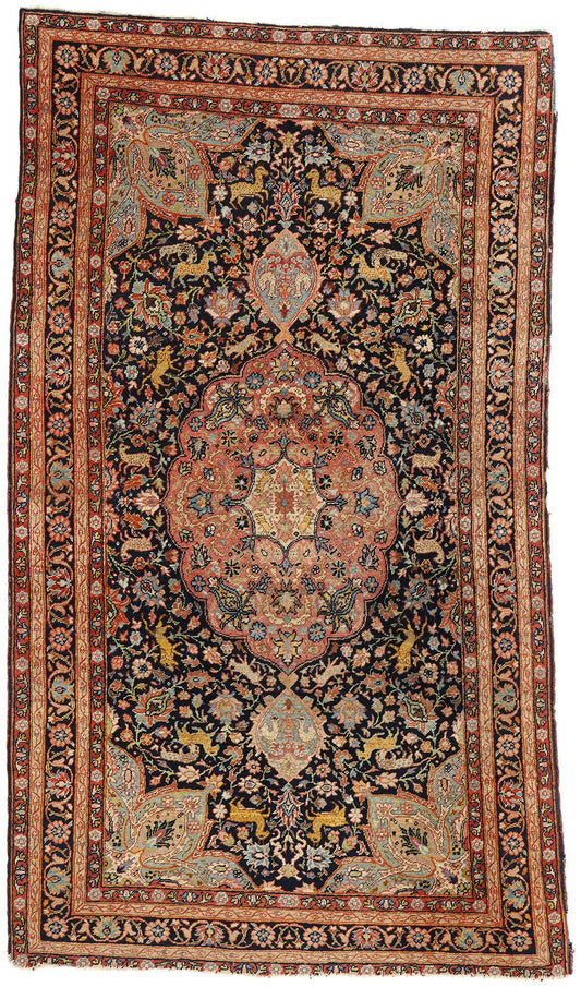 4 x 7 Antique Black Persian Tabriz Hunting Rug 78772