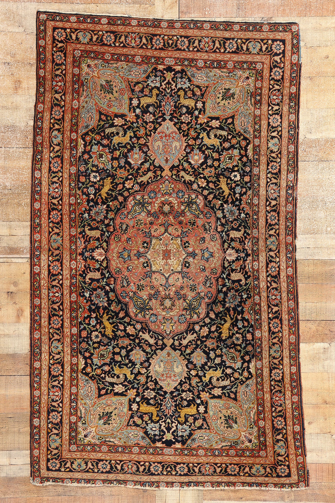 4 x 7 Antique Black Persian Tabriz Hunting Rug 78772