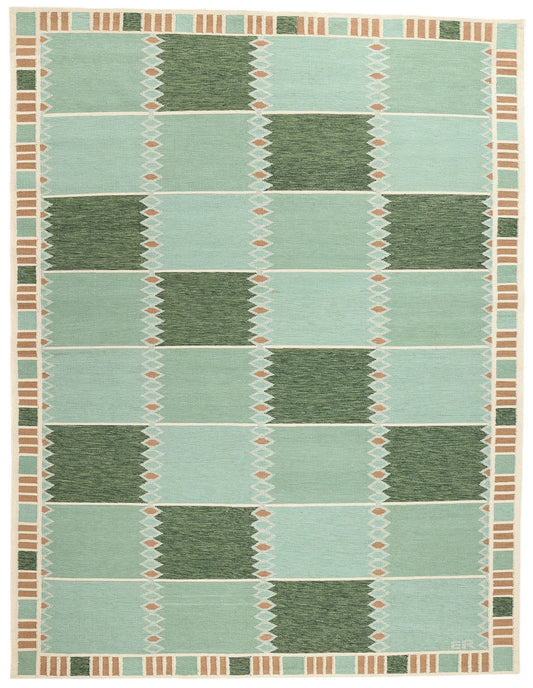 10 x 14 Scandinavian Modern Green Swedish Inspired Kilim Rug 31111