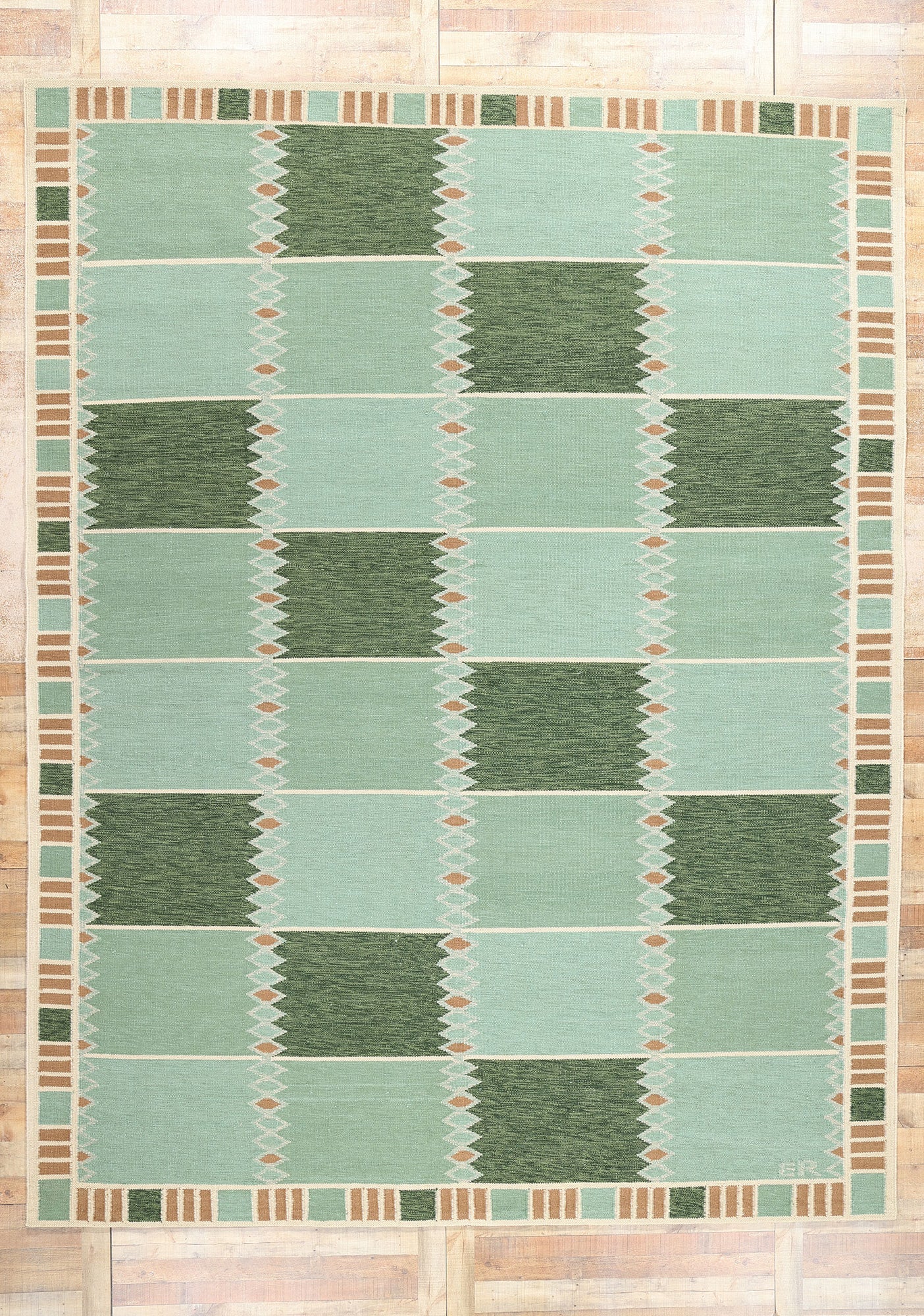 10 x 14 Scandinavian Modern Green Swedish Inspired Kilim Rug 31111