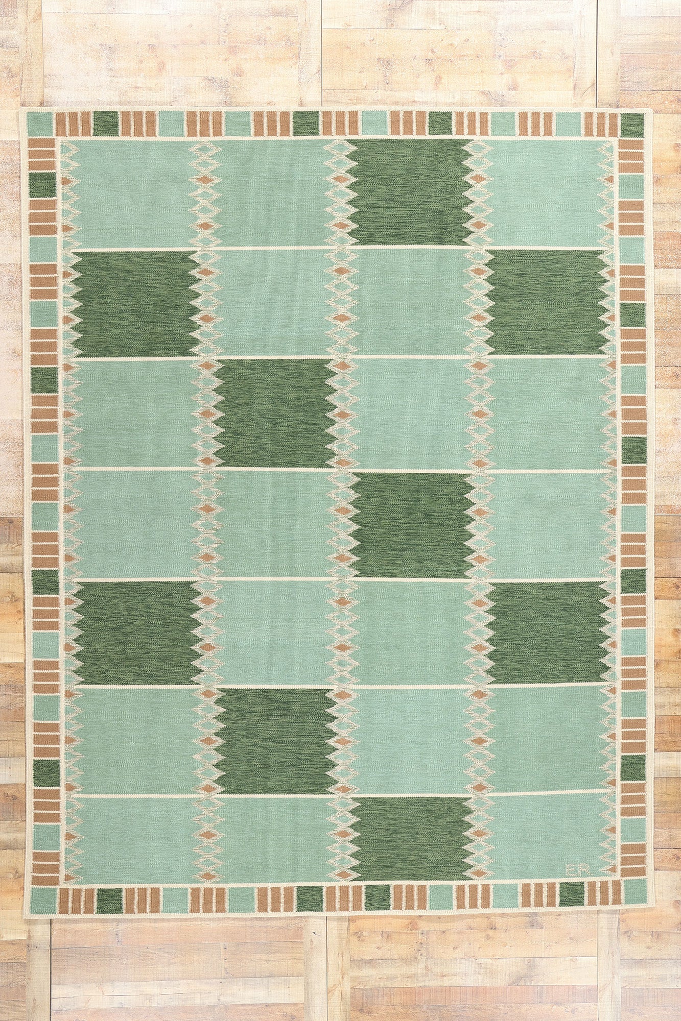 9 x 12 Scandinavian Modern Green Swedish Inspired Kilim Rug 31112