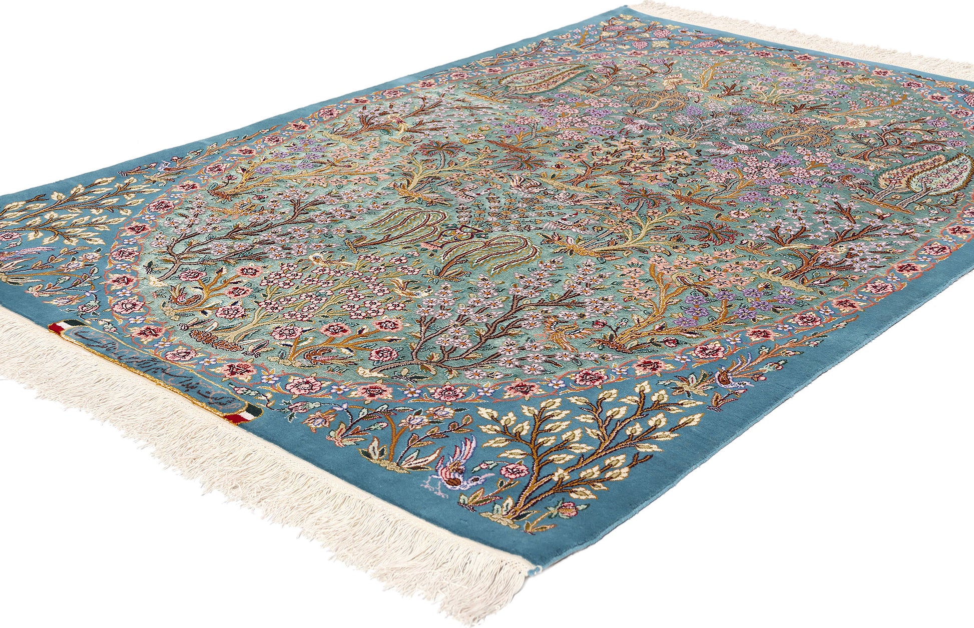 4 x 6 Signed Blue Persian Tabriz Tree of Life Rug 78775