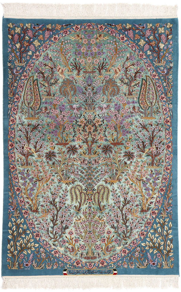 4 x 6 Signed Blue Persian Tabriz Tree of Life Rug 78775