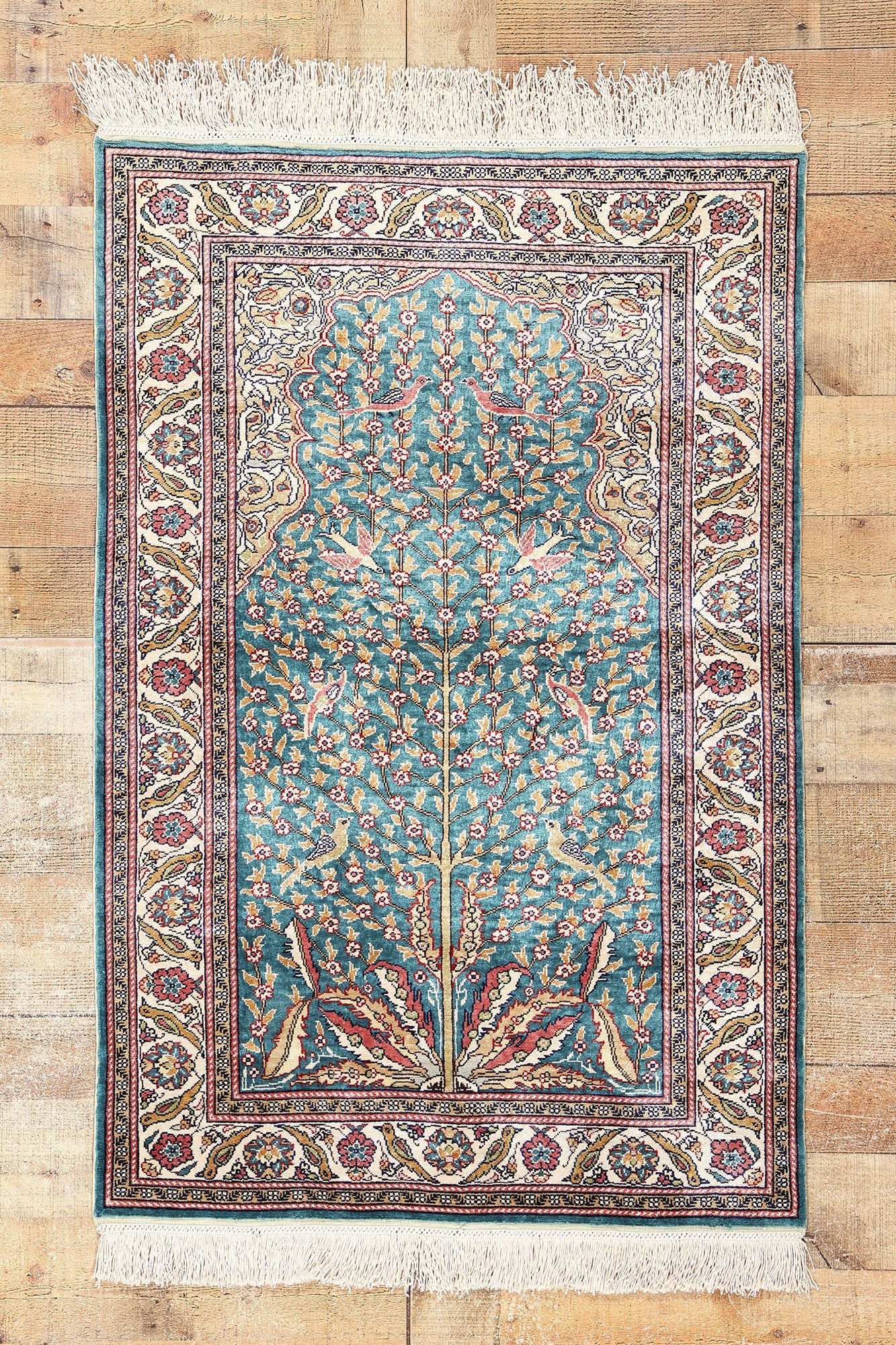 3 x 4 Vintage Turkish Silk Kayseri Tree of Life Prayer Rug 78777