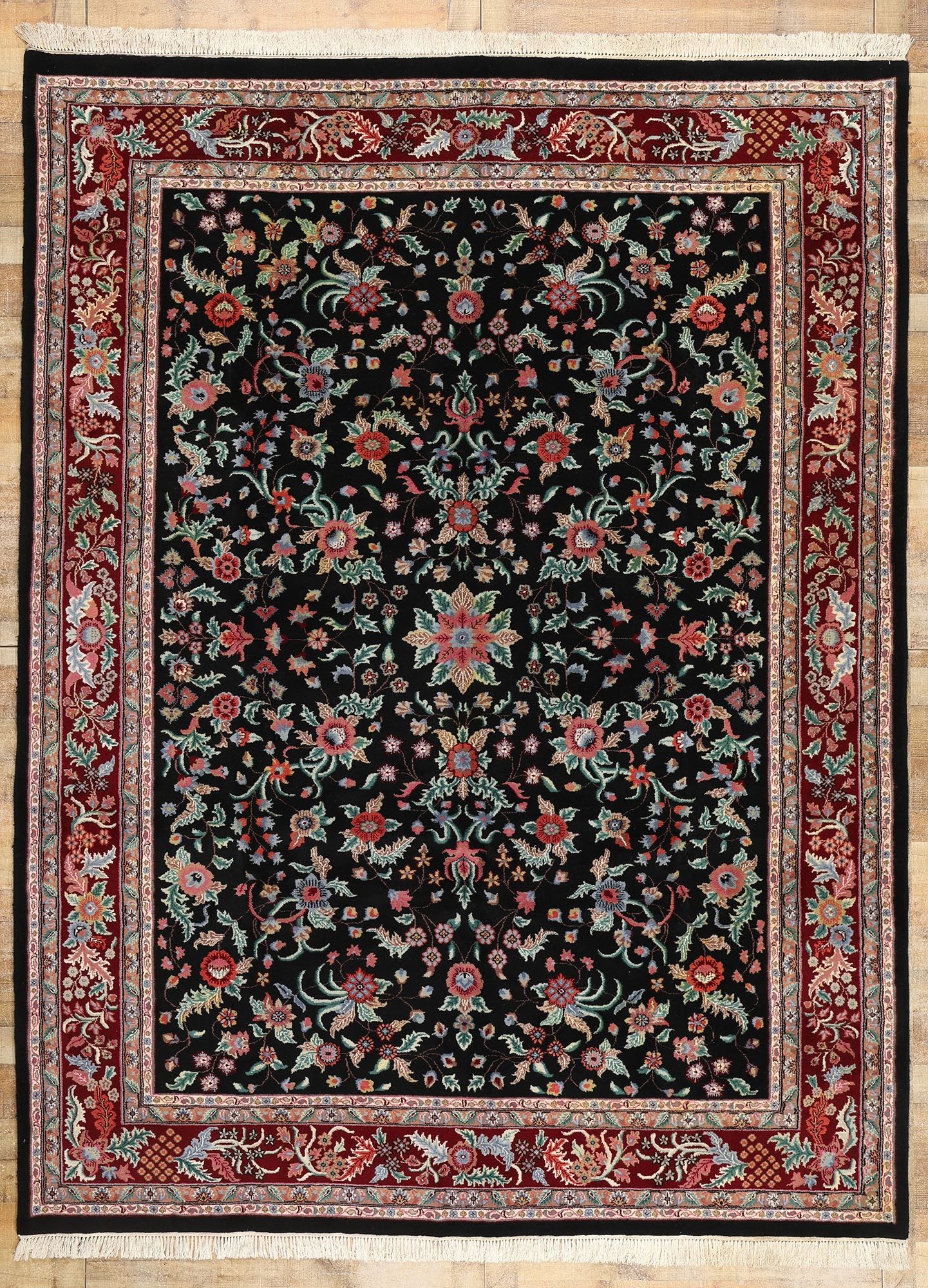9 x 12 Vintage Black Indian Floral Rug 78706