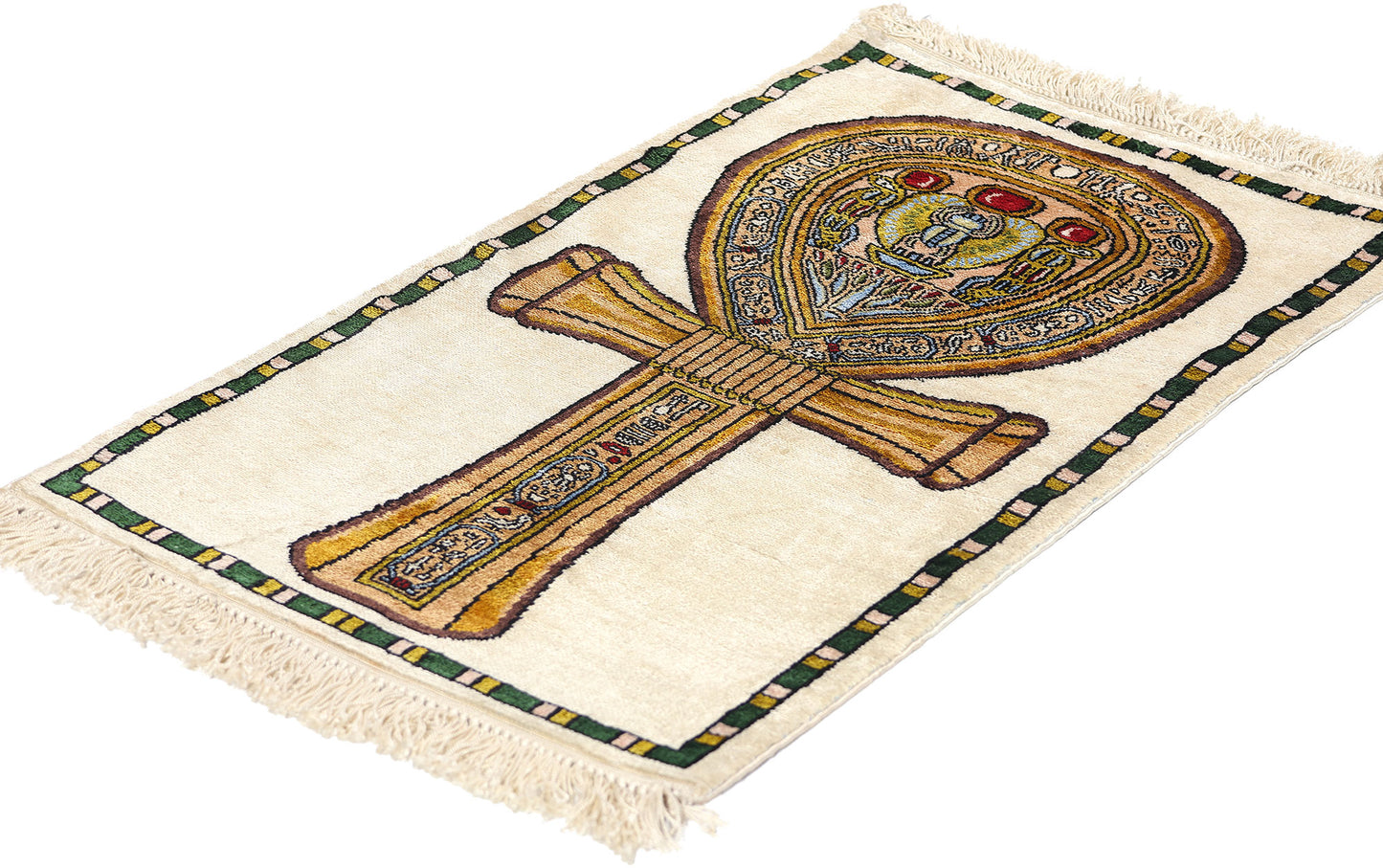 1 x 2 Vintage Egyptian Ankh Motif Turkish Silk Rug 78745