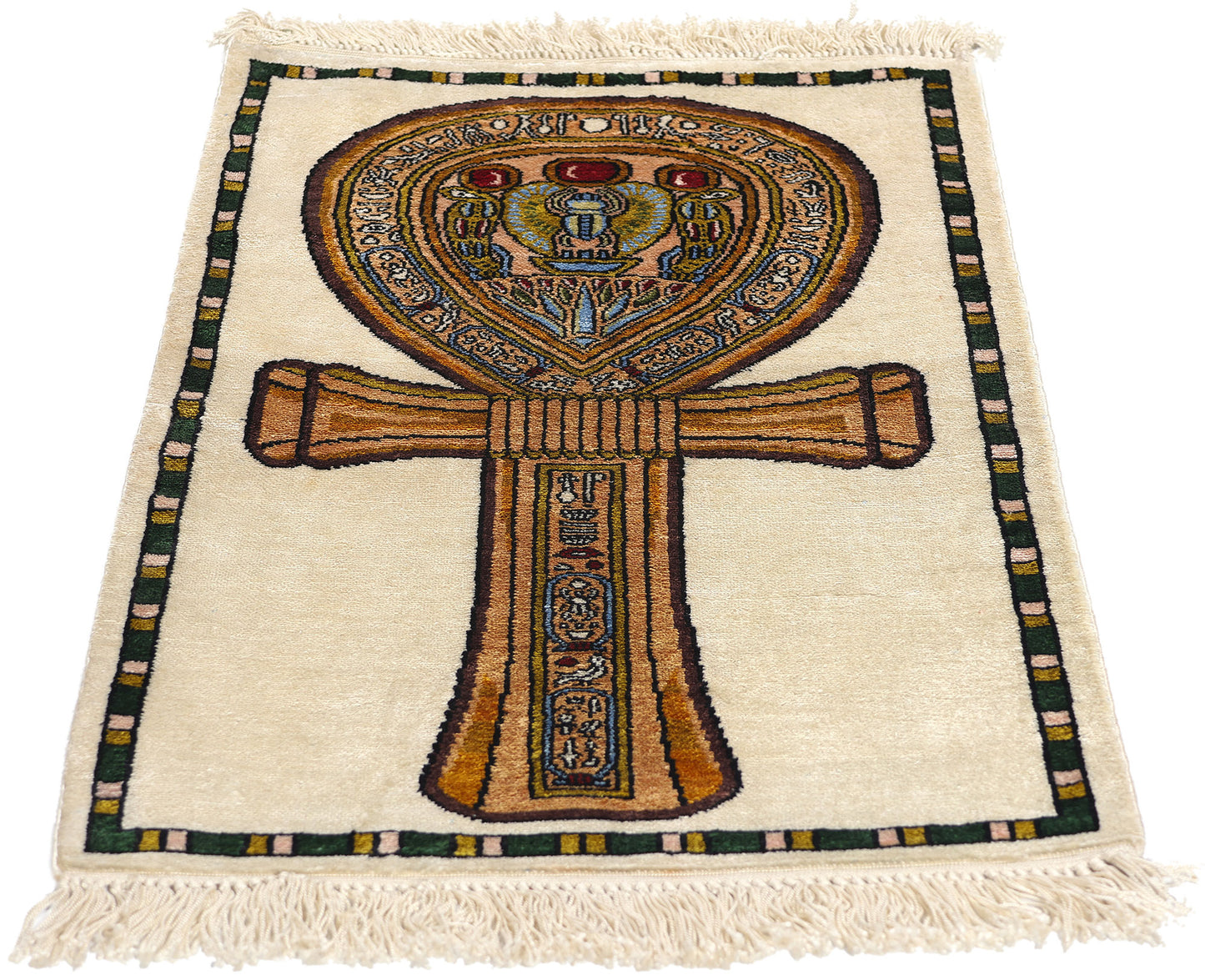 1 x 2 Vintage Egyptian Ankh Motif Turkish Silk Rug 78745