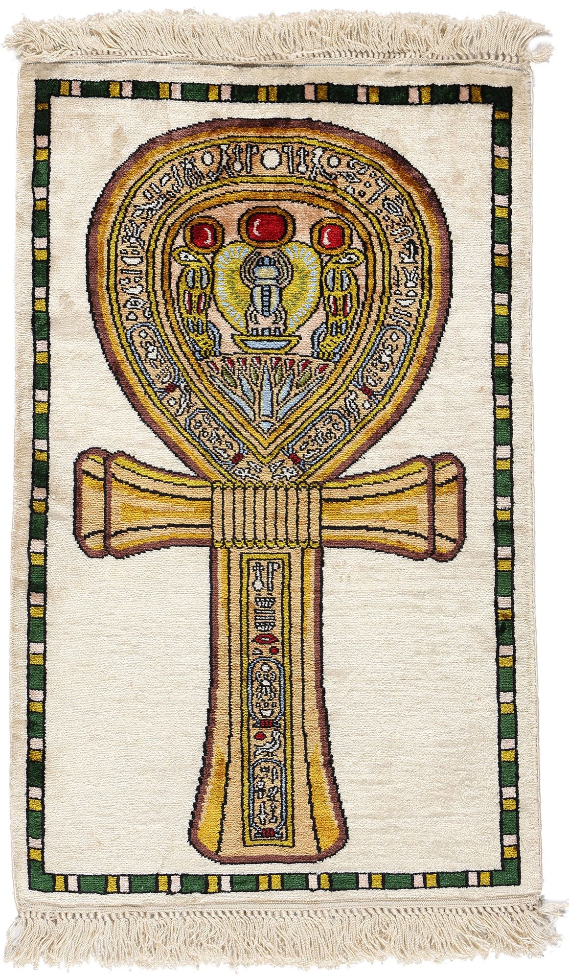 1 x 2 Vintage Egyptian Ankh Motif Turkish Silk Rug 78745