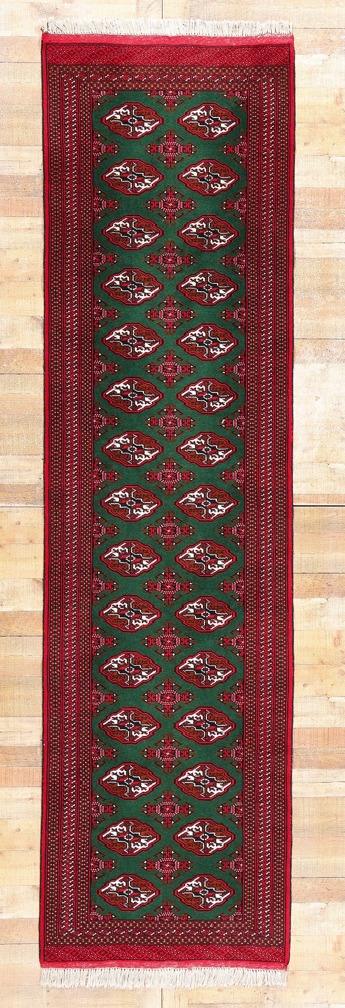 3 x 12 Vintage Green Persian Turkoman Rug 78904