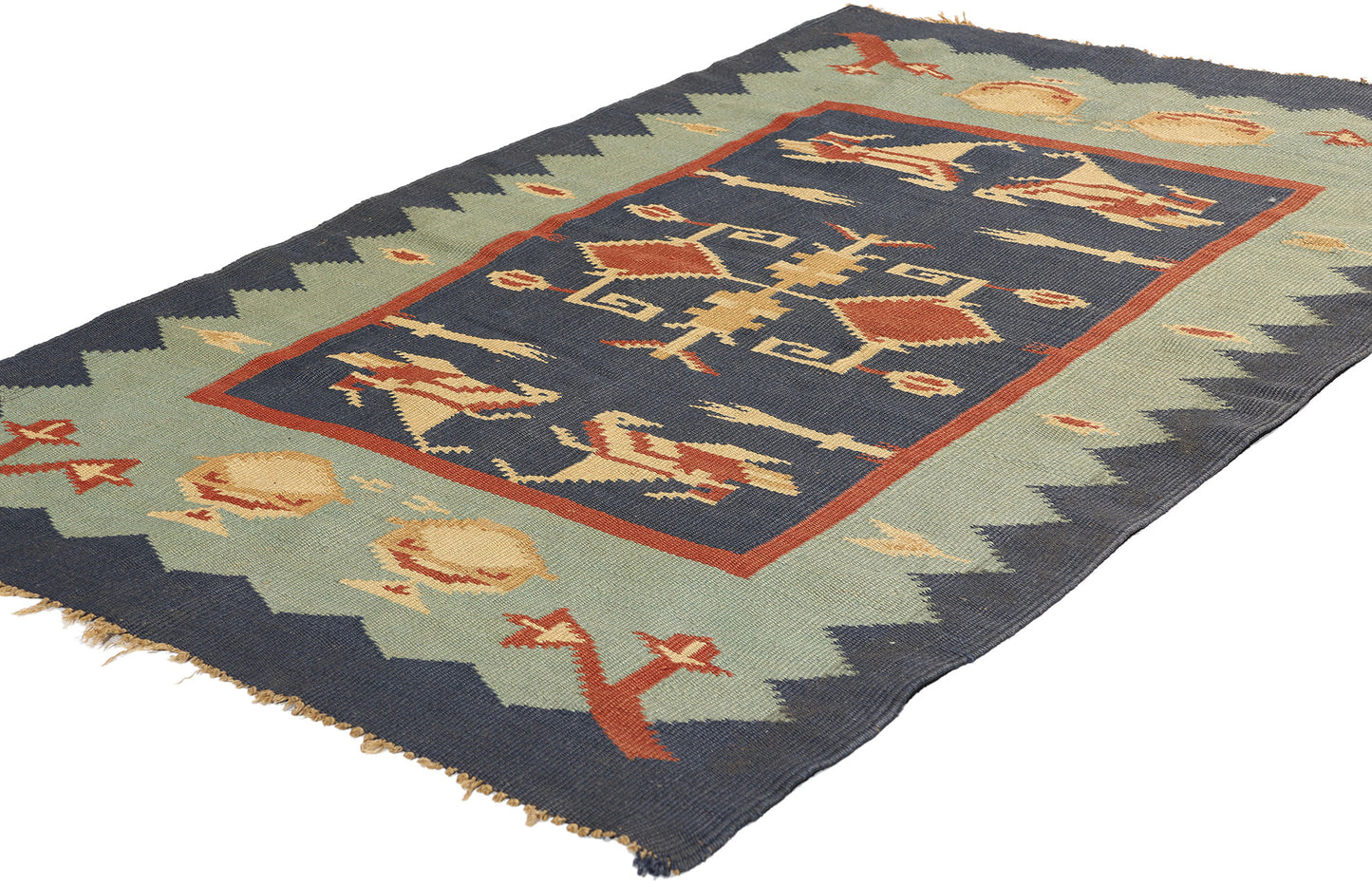 3 x 5 Vintage Oltenian Romanian Bird Kilim Rug 78789