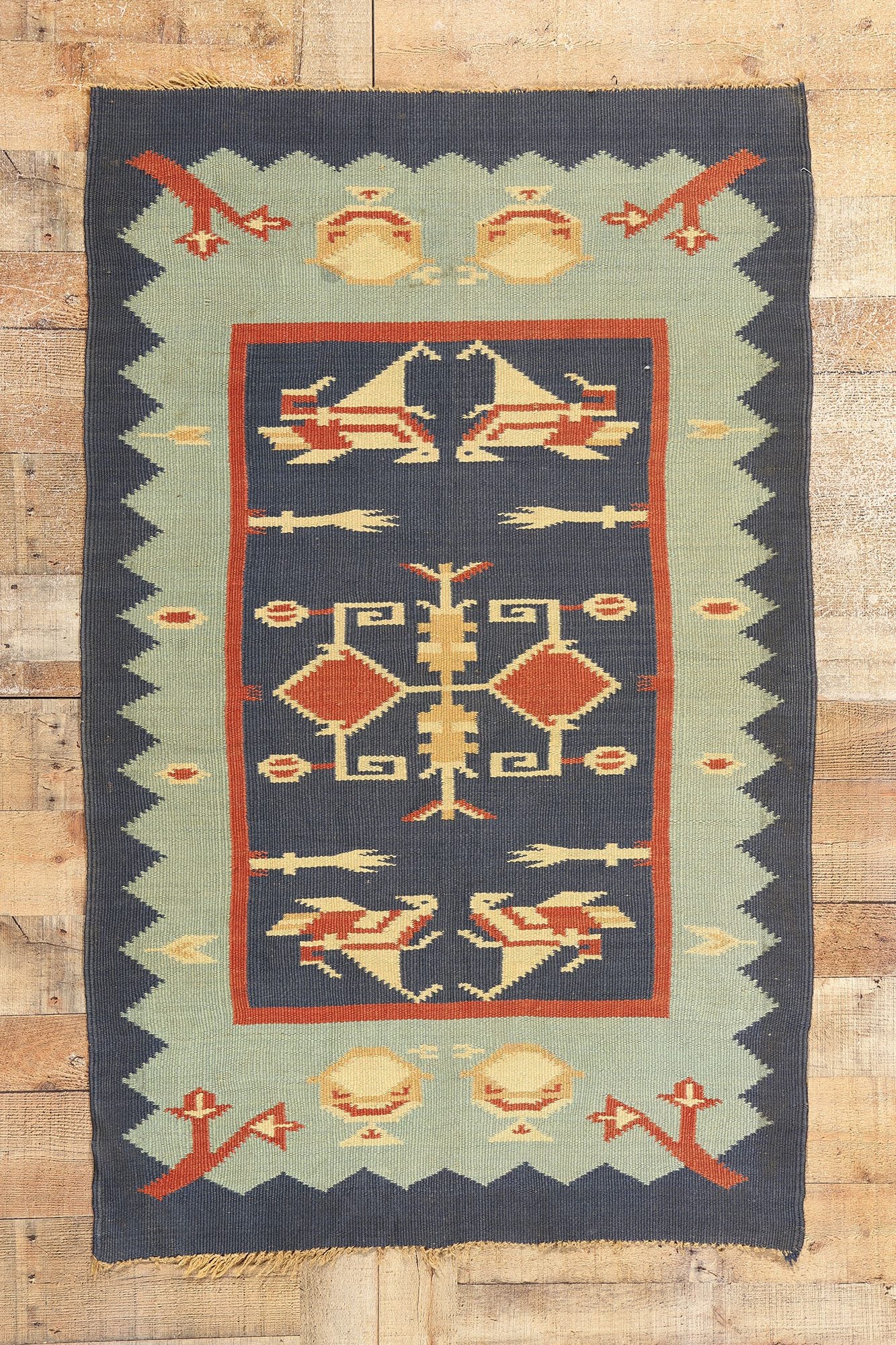 3 x 5 Vintage Oltenian Romanian Bird Kilim Rug 78789