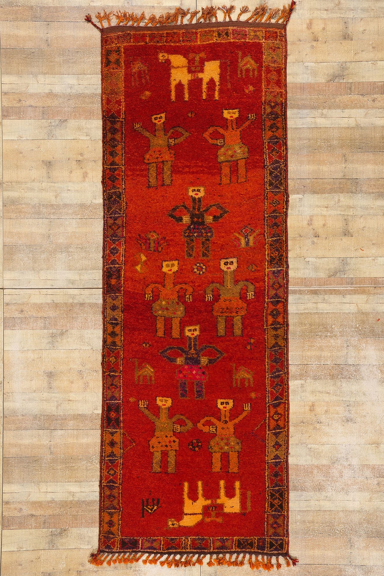 4 x 11 Vintage Red Kurdish Pictorial Rug 53887